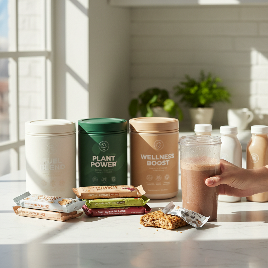 High-quality protein supplements can bridge the gap when your lifestyle demands more than whole foods alone. A display of clean protein powders and nutrition bars in a bright, modern health store setting.