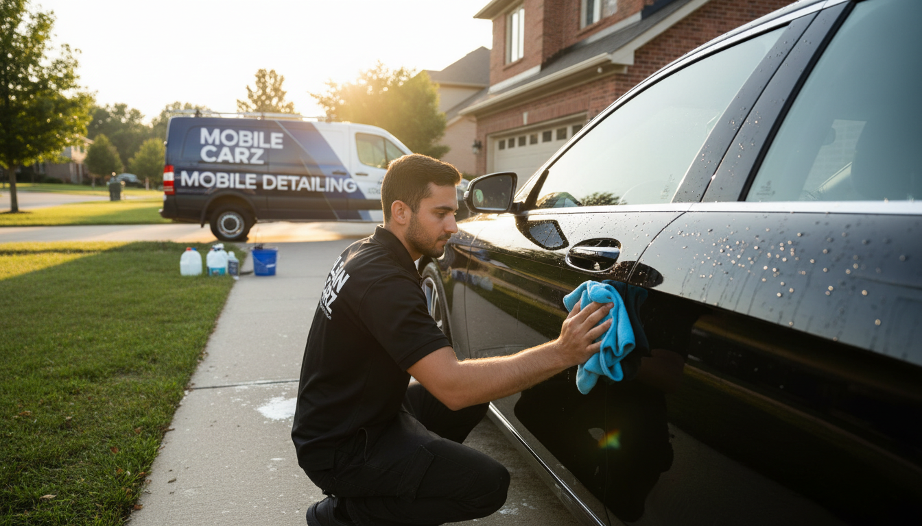 EchoShine brings professional headlight restoration directly to your home in Havertown and Upper Darby. Professional mobile detailer cleaning a car exterior in a residential driveway.