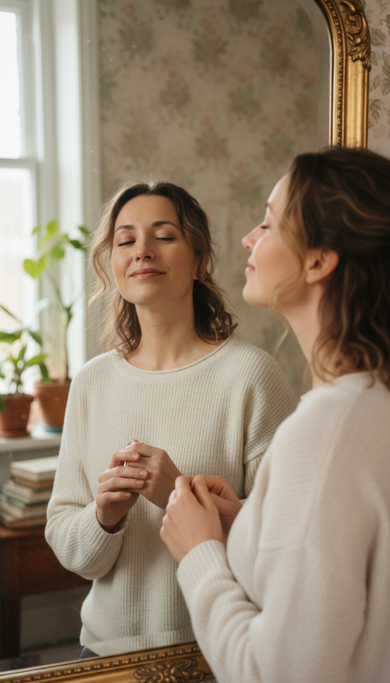 A Kundalini awakening often begins with the profound question: Who am I becoming? Woman looking at her reflection in a mirror with a calm, contemplative expression, questioning her identity.