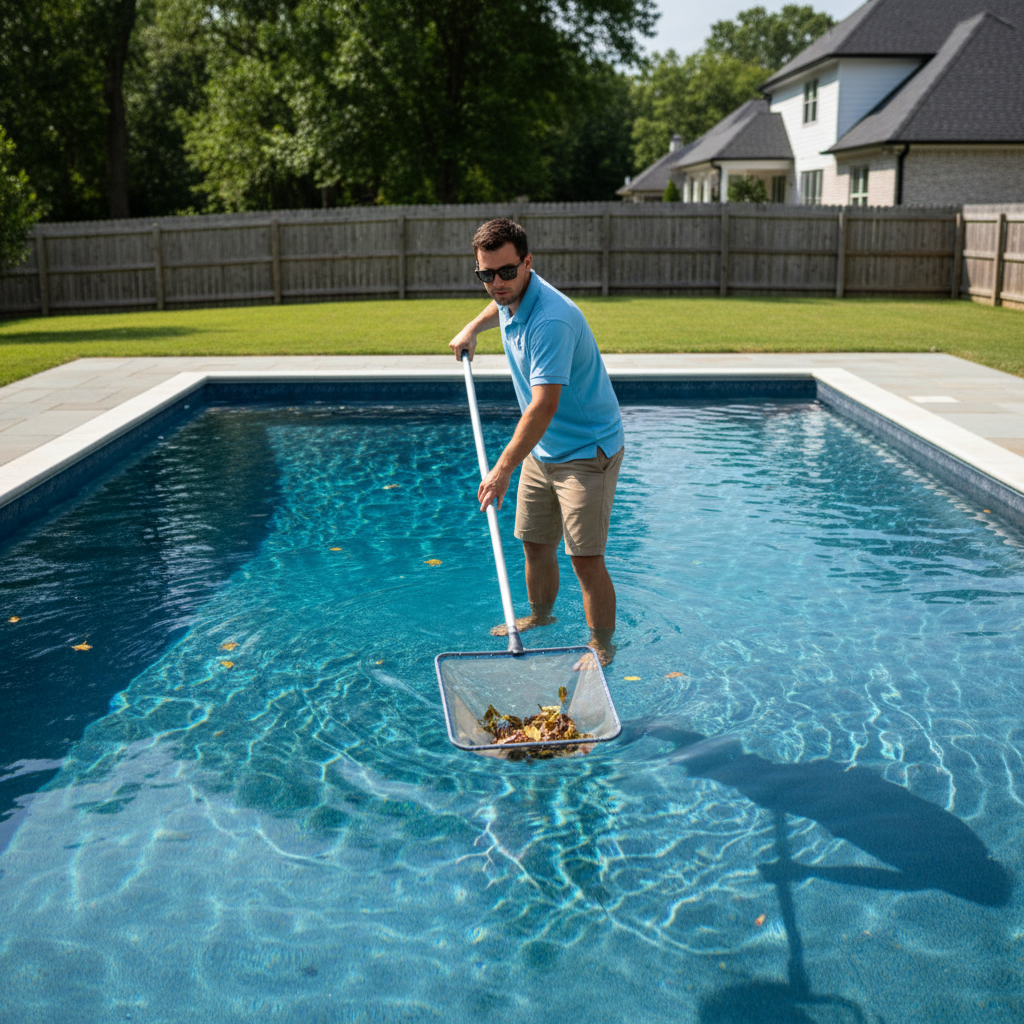 Removing debris immediately after a storm prevents organic matter from depleting your chlorine levels. A pool professional using a skimmer net to remove leaves and organic debris from the surface of a blue pool.