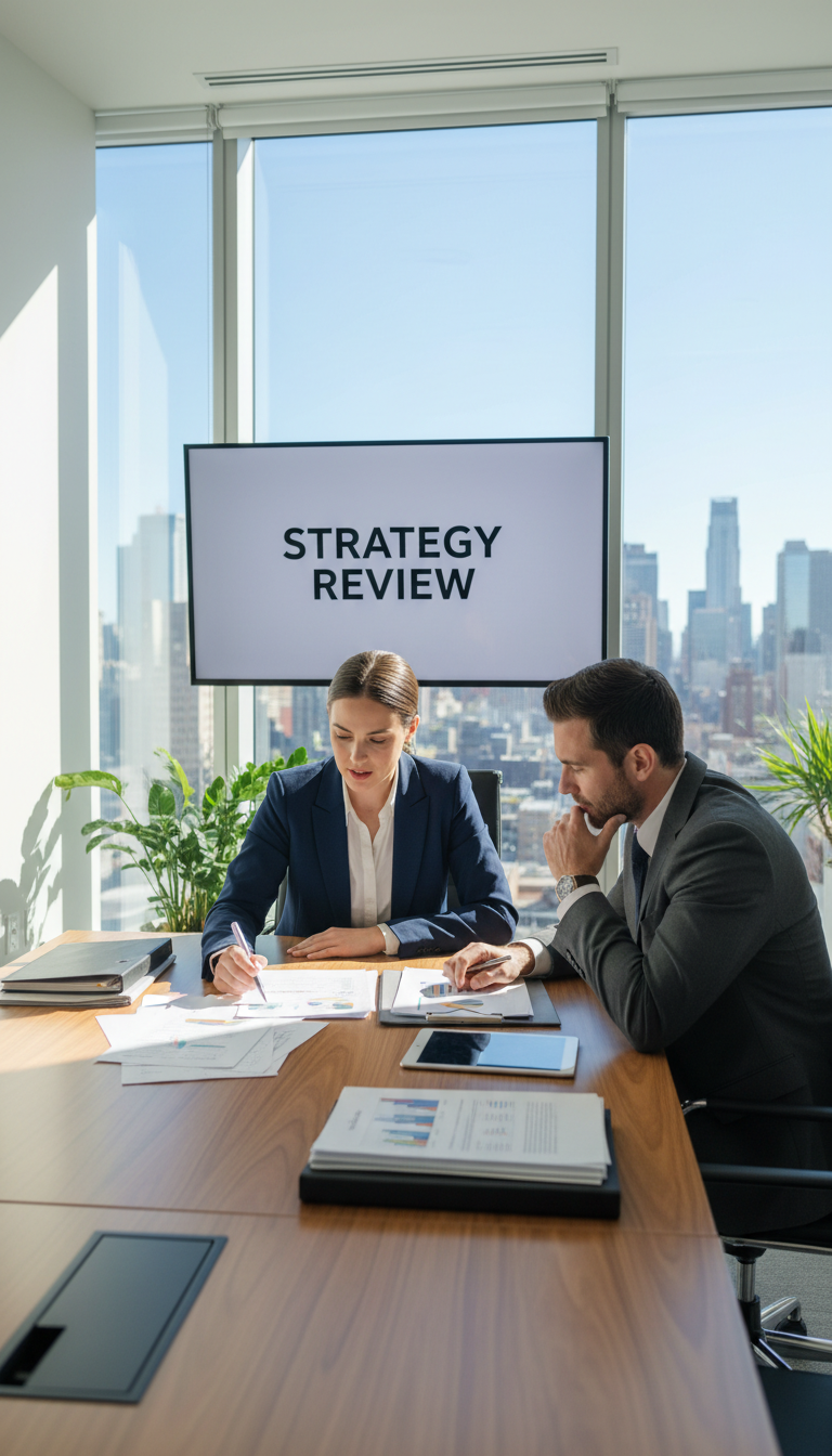 A Fractional CMO acts as a strategic partner, integrating directly with your leadership team. A strategic marketing consultant reviewing growth strategy documents with a client in a bright office