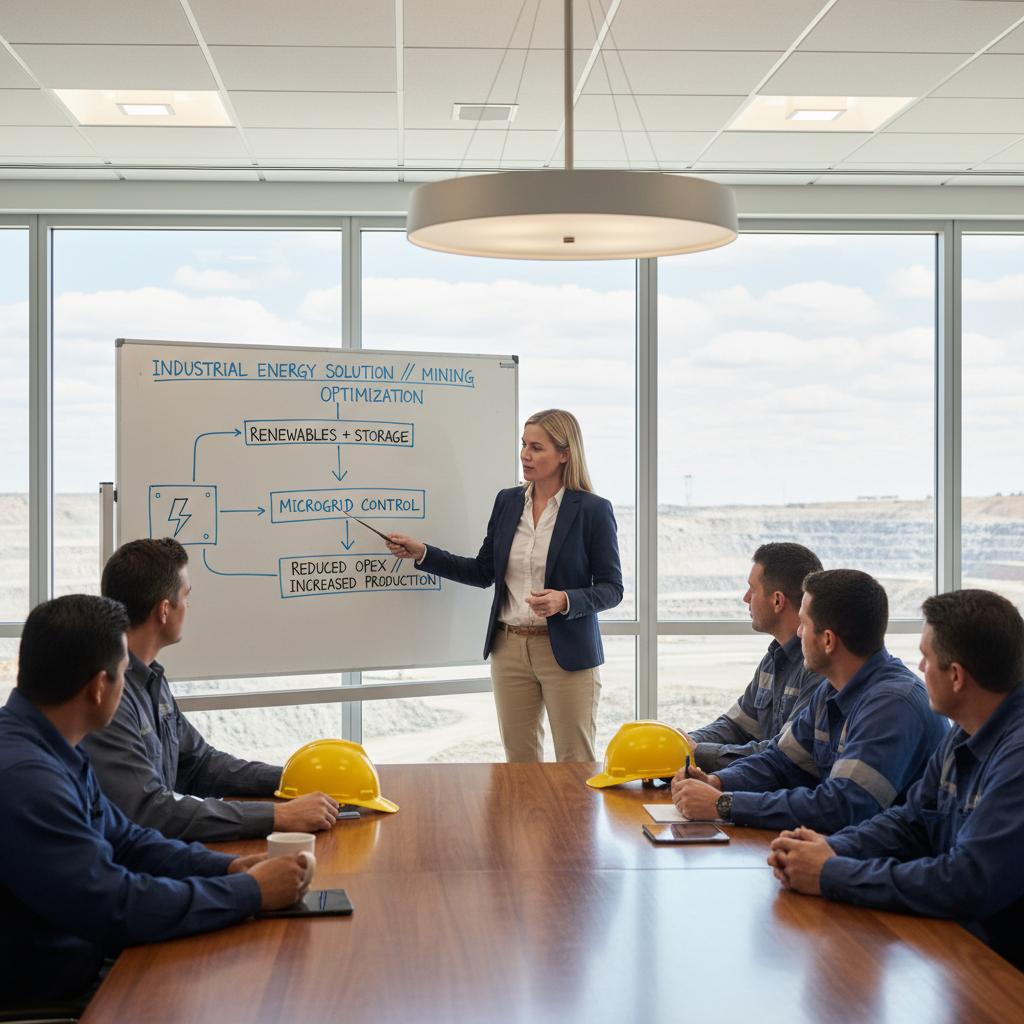 Electrification planning in 2026 starts with the right engineering conversations before capital budgets are locked. Technical sales professional presenting an industrial energy solution on a whiteboard to a mining operations team in a conference room
