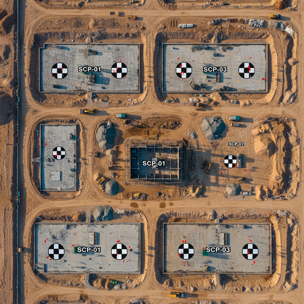 Orthomosaic maps provide a high-resolution foundation for digital twins in construction. Orthomosaic aerial map of a desert construction site with visible survey control points used for reality capture.