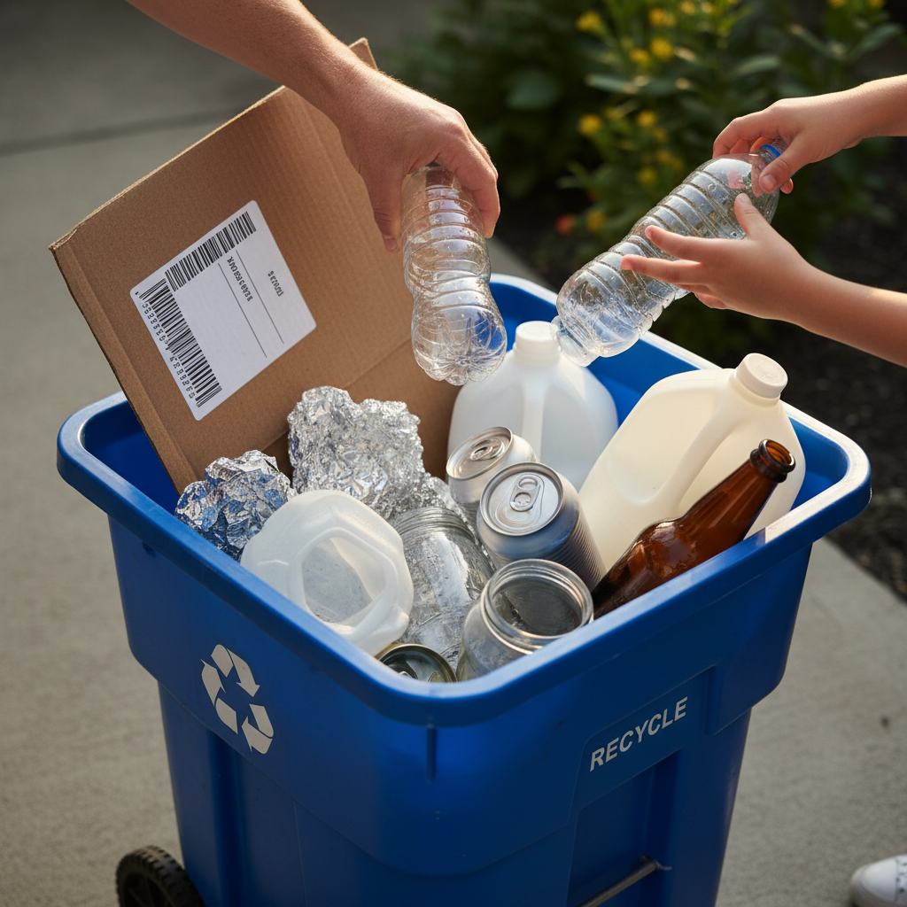 Mixed recycling is easy when you know which materials are accepted in Fillmore. A variety of mixed recyclables including aluminum cans and plastic bottles in a blue bin.