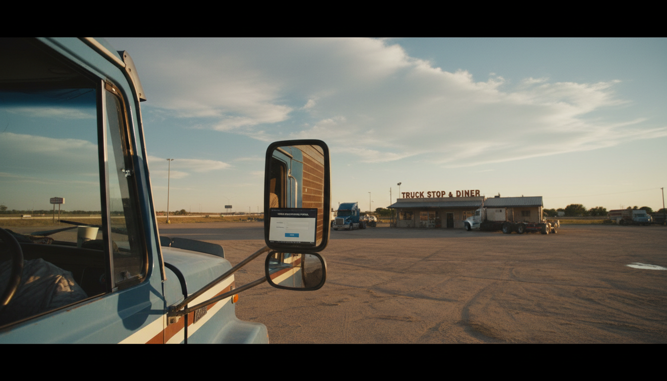 Owner-operators must manage their own compliance files even while on the road. A semi-truck at a truck stop with a laptop open on the passenger seat showing a compliance portal.