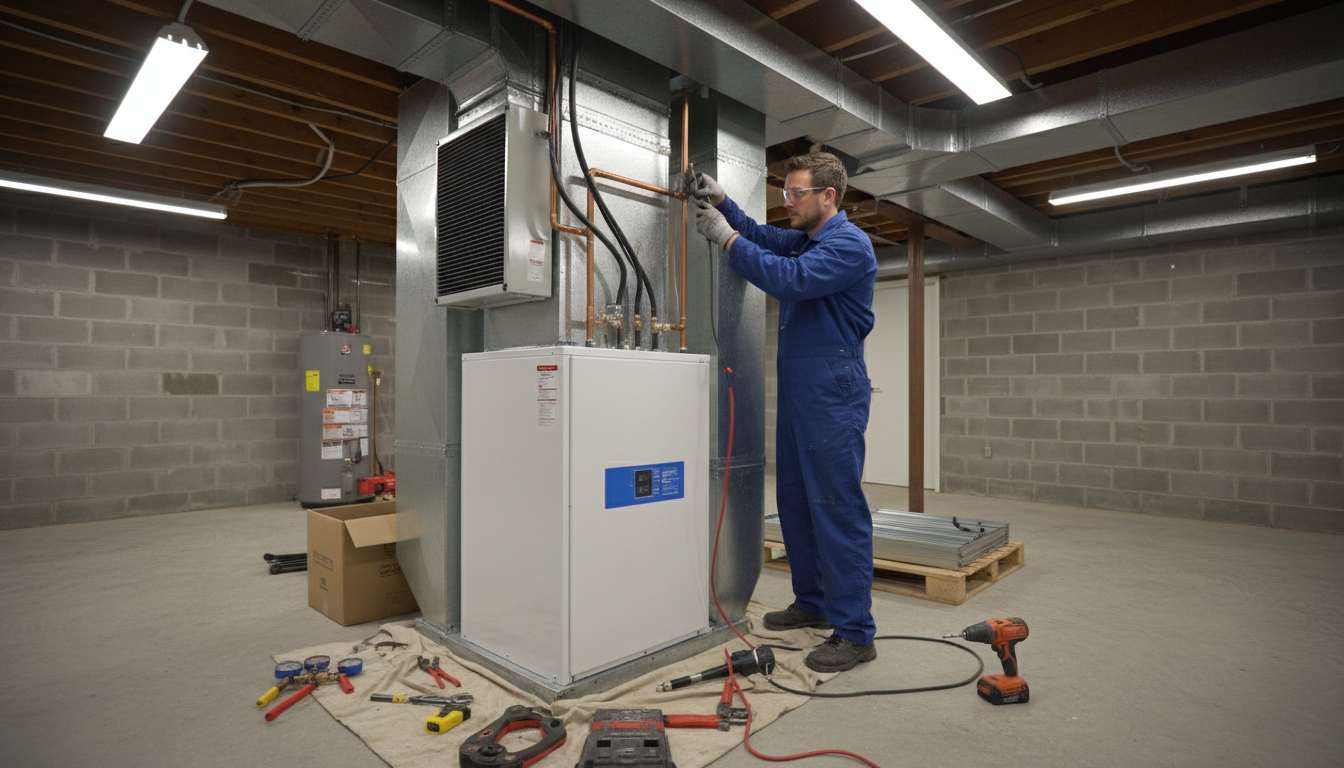 Copper tubing is often used in specific gas installations where flexibility or propane compatibility is required. Certified technician installing a furnace with visible copper gas lines and professional tools.