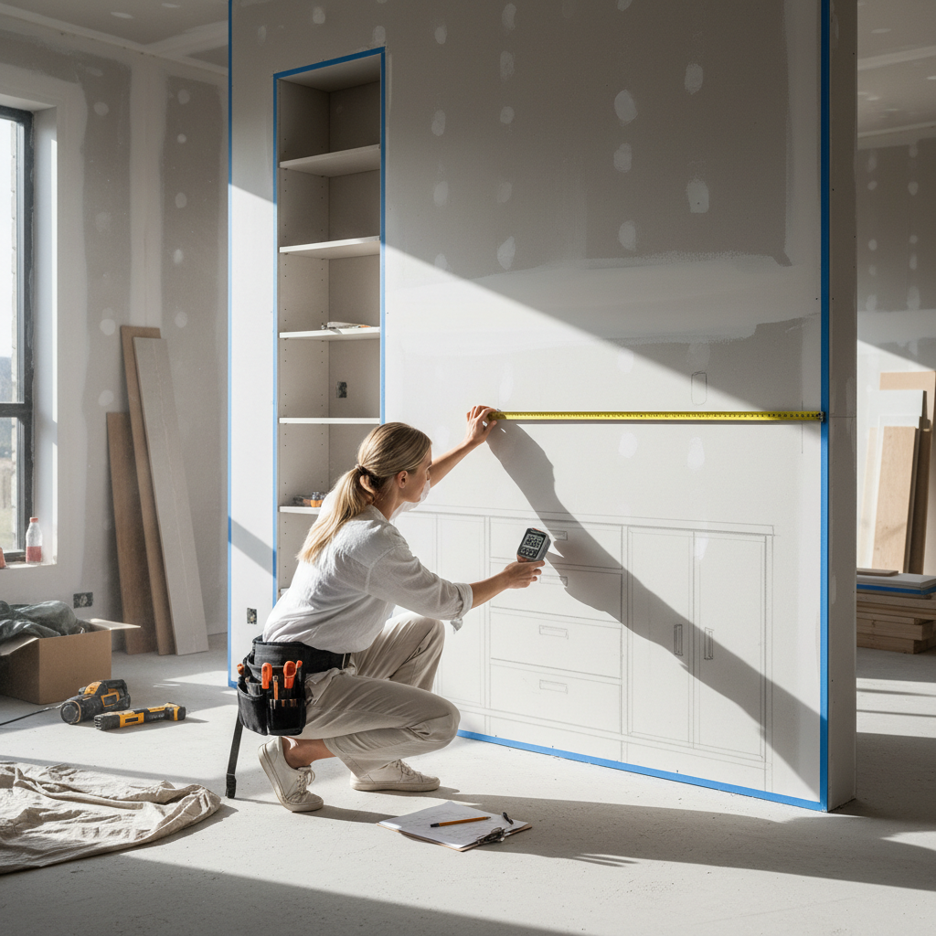 Detailed planning and measurement are critical for luxury projects where every inch of custom cabinetry must fit perfectly. An interior designer using a tape measure to plan space for custom kitchen cabinetry and built in appliances.