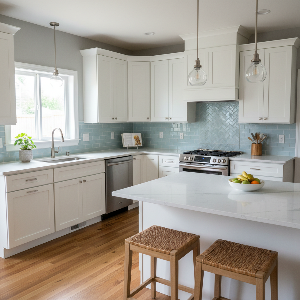Shaker-style cabinetry with accessible pulls combines timeless style with ergonomic function. Modern kitchen with shaker cabinets and quartz countertops designed for easy maintenance.