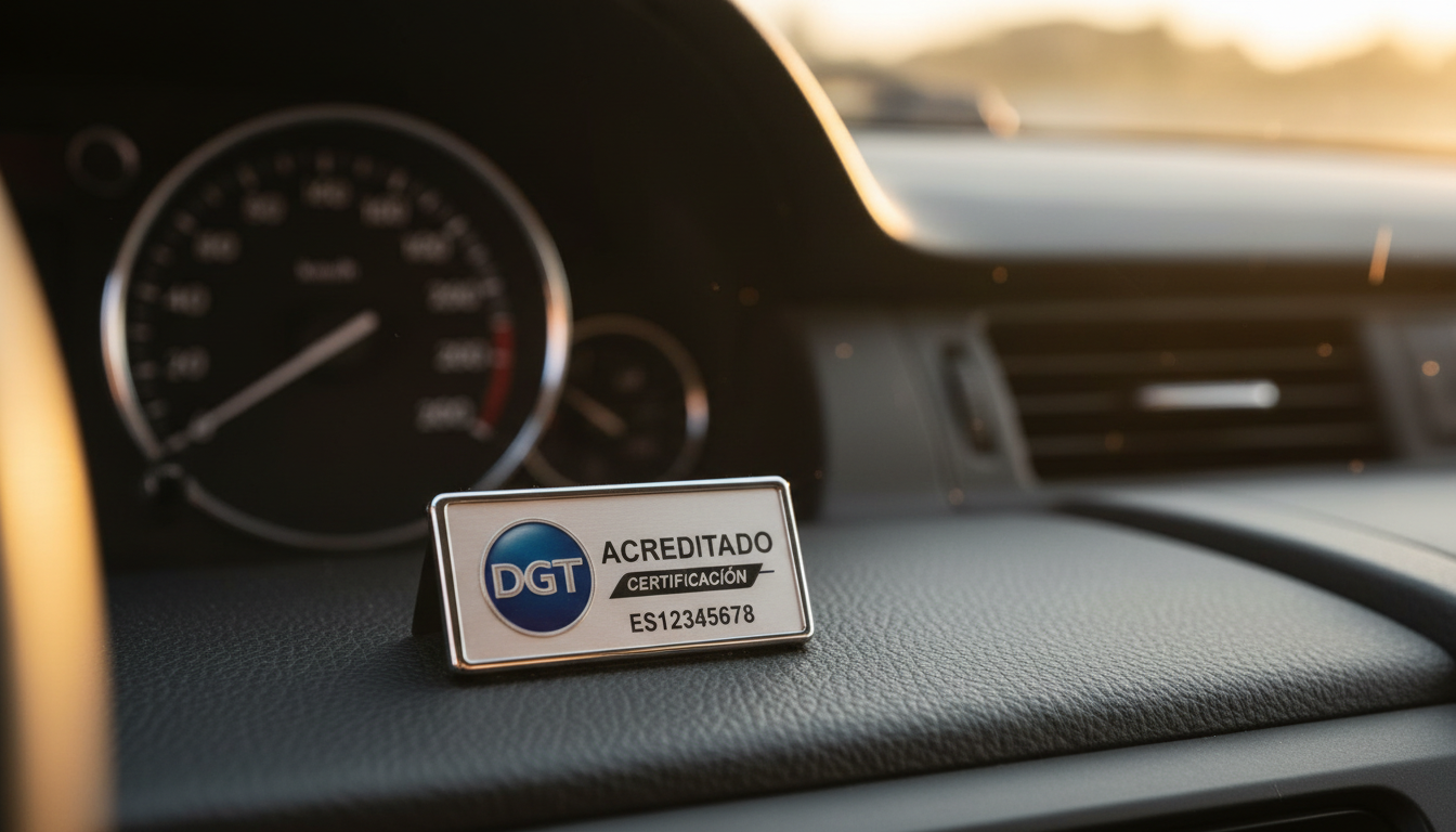 Los vehículos en baja temporal deben cumplir con las nuevas prórrogas anuales de la DGT Detalle de tablero de coche con acreditación de la DGT en primer plano