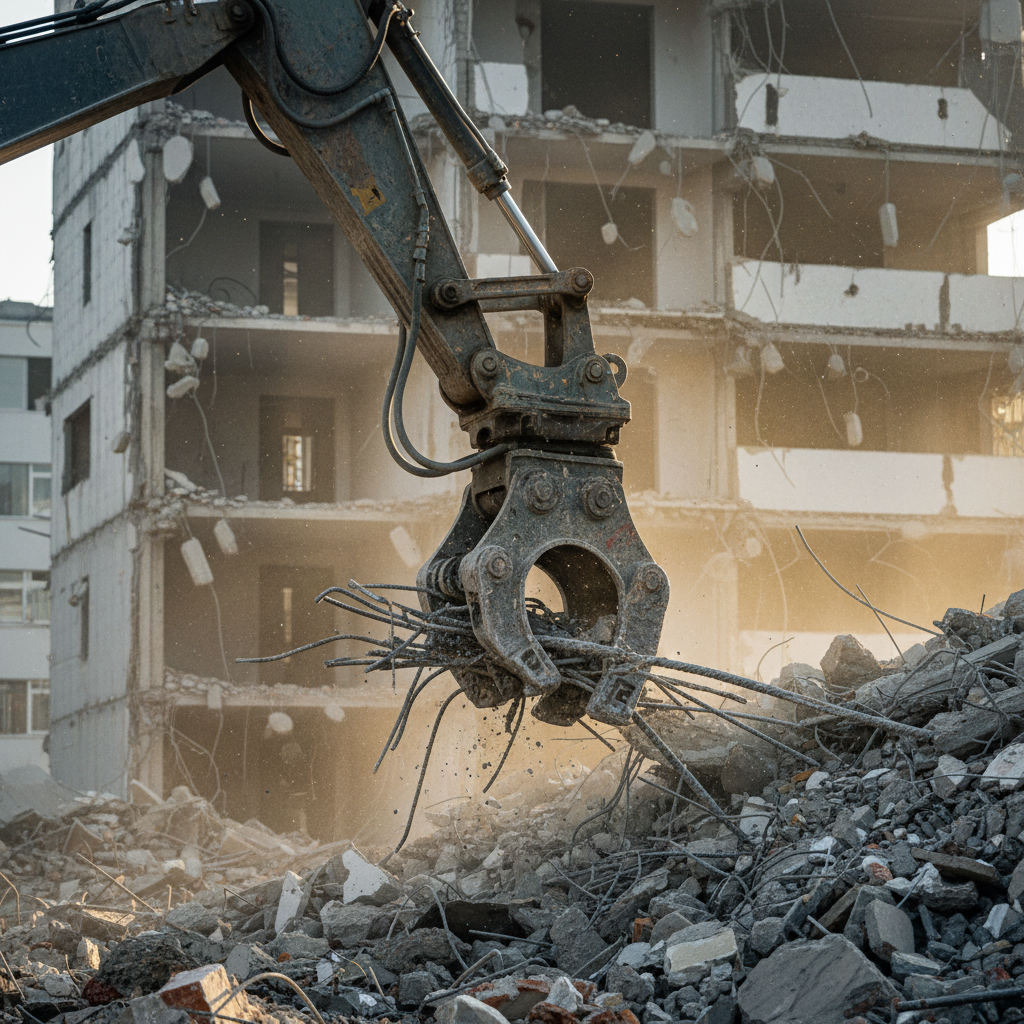 Professional demolition requires specialized equipment to handle heavy debris like concrete and rebar. Close up of an excavator thumb gripping a piece of concrete rebar from a demolition pile.