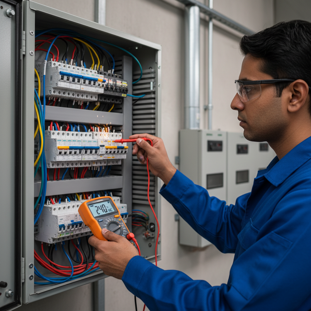 Fault finding helps identify hidden 'leaky' circuits that waste electricity through heat. An electrician using a digital multimeter to test electrical circuits at a distribution board for faults and energy waste.