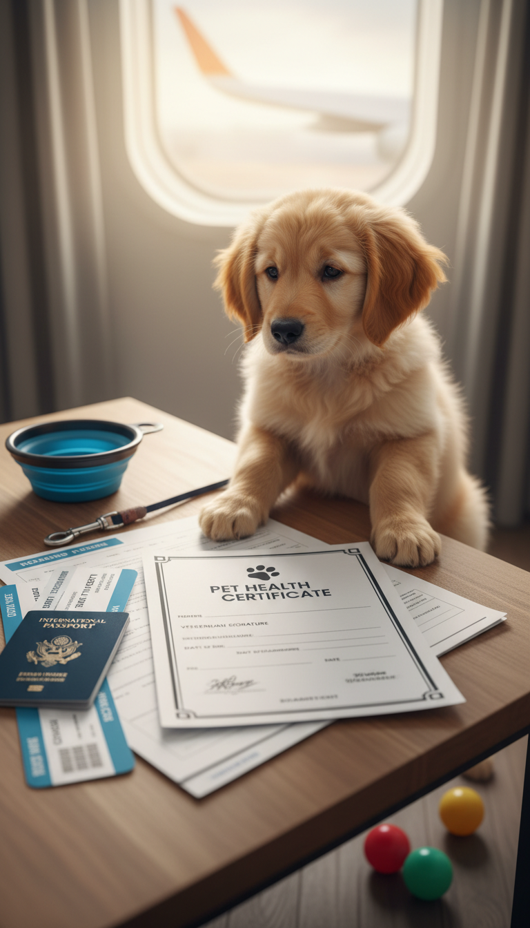 Pet travel documents and health certificate on table