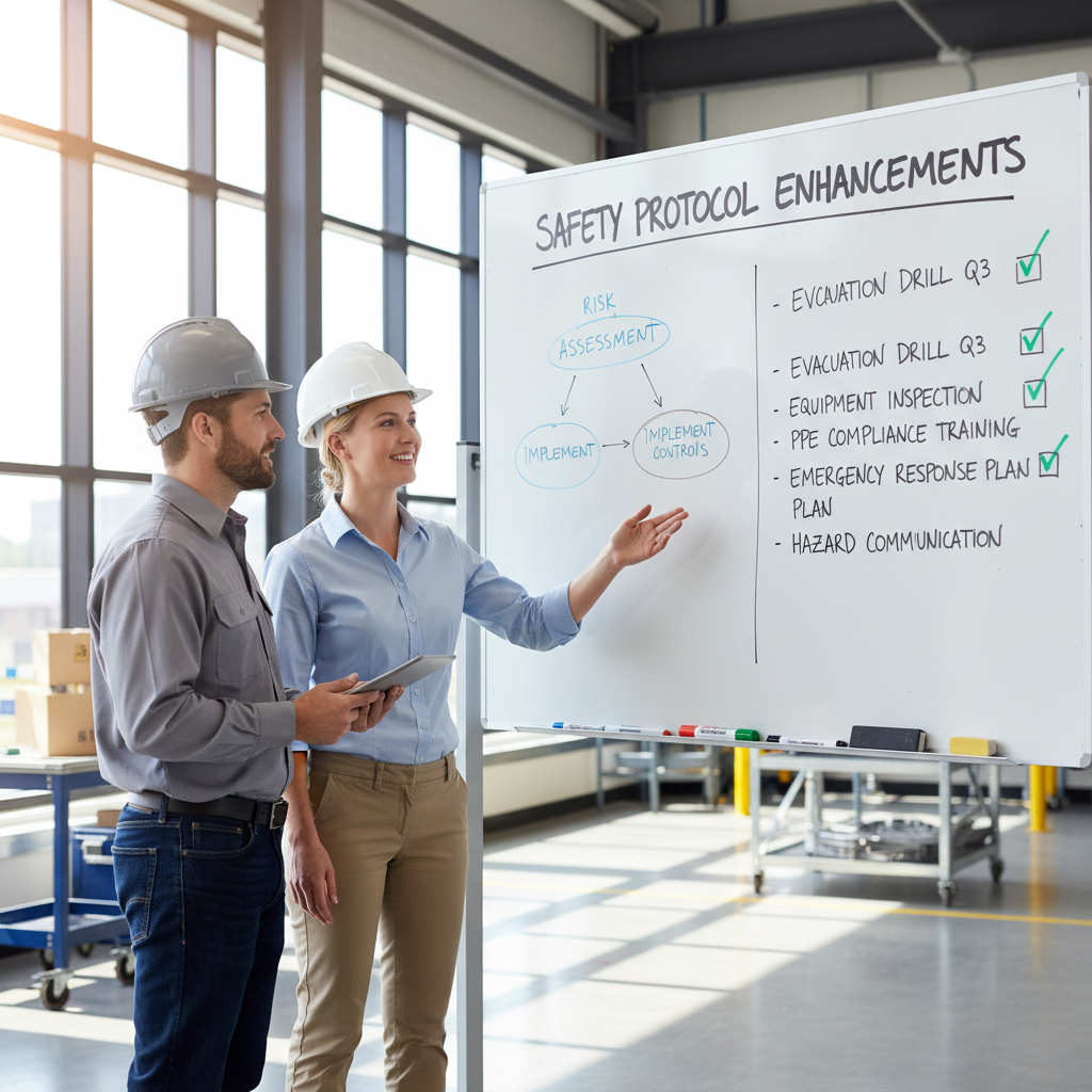 Effective safety cultures are built through collaboration between management and safety experts. A safety consultant and facility manager collaborating on a safety checklist at a whiteboard.