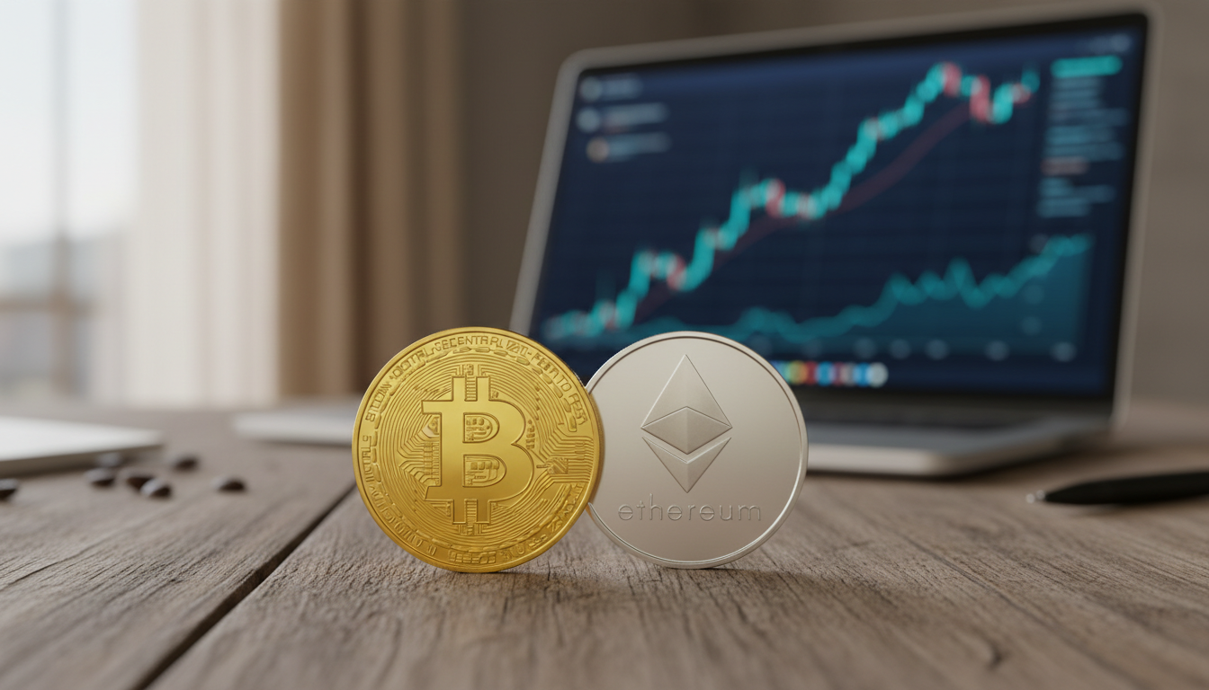 Monedas físicas de Bitcoin y Ethereum sobre mesa de madera con ordenador