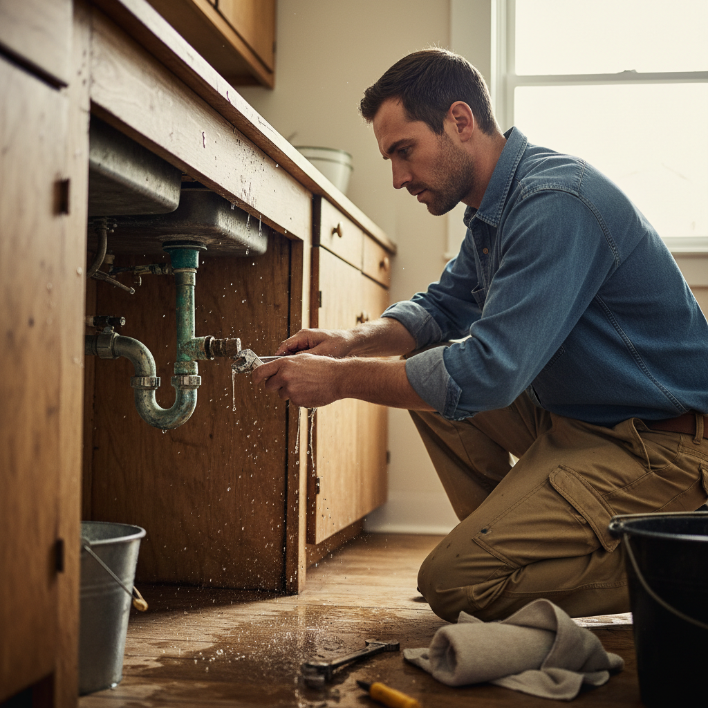 Detecting leaks early can save thousands of gallons of water annually. A plumber examining a leaking connection under a sink to identify water waste sources.