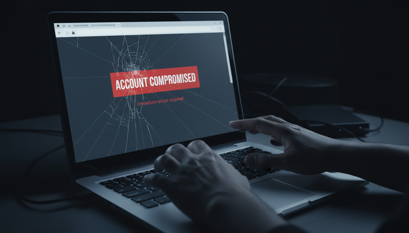 Scammers often target victims during the high-stress period immediately following a security breach. A cracked laptop screen showing a compromised account warning, illustrating the stress of a crypto hack.