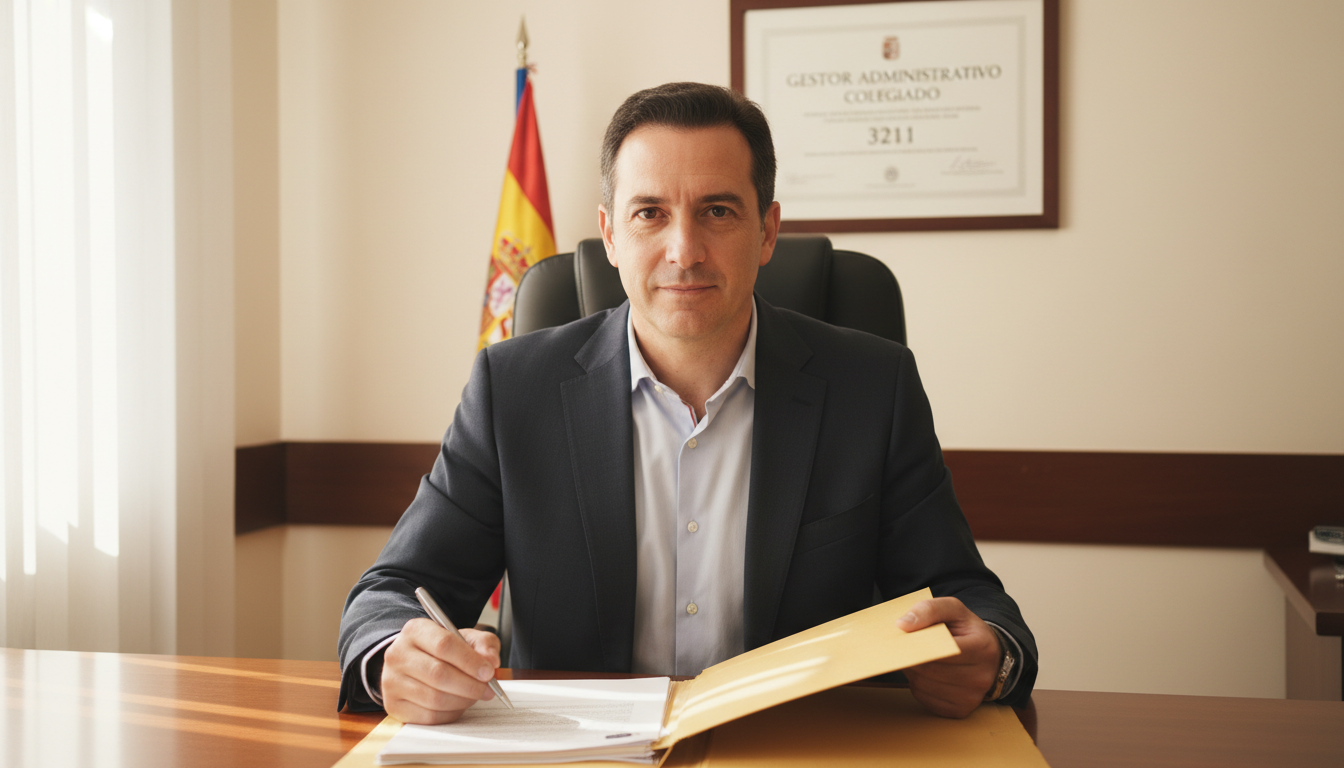 Contar con un Gestor Administrativo Colegiado asegura una revisión rigurosa de su estrategia legal. Gestor administrativo colegiado revisando un expediente oficial en una oficina profesional en Madrid.