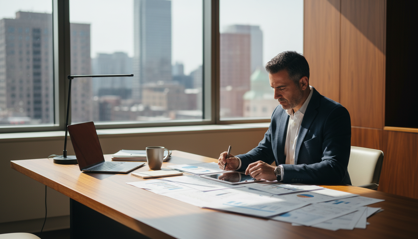 A dedicated local partner bridges the gap between international capital and local execution. A professional real estate consultant reviewing market analysis and property documents in a Milwaukee office.