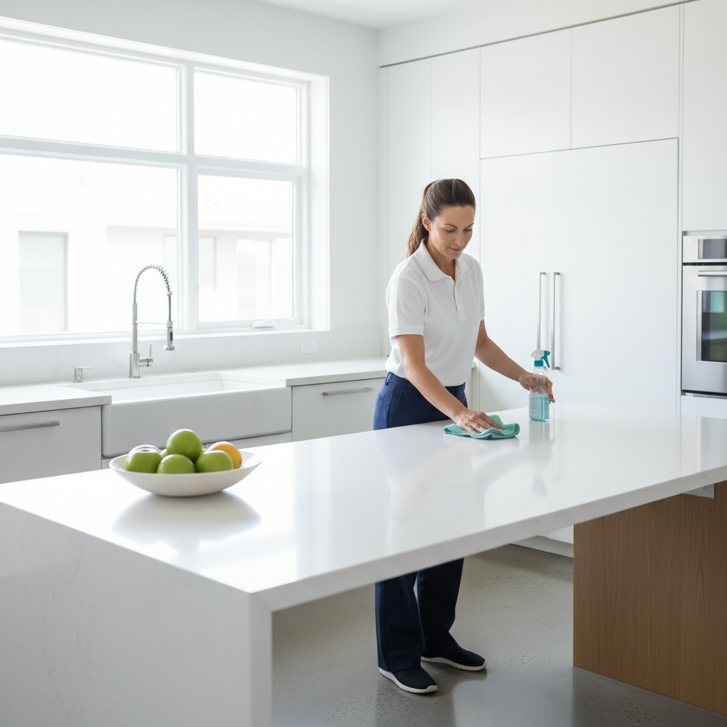 Le nettoyage hebdomadaire assure une cuisine impeccable et sans germes en tout temps. Nettoyeur professionnel essuyant un comptoir de cuisine moderne dans une maison lumineuse.
