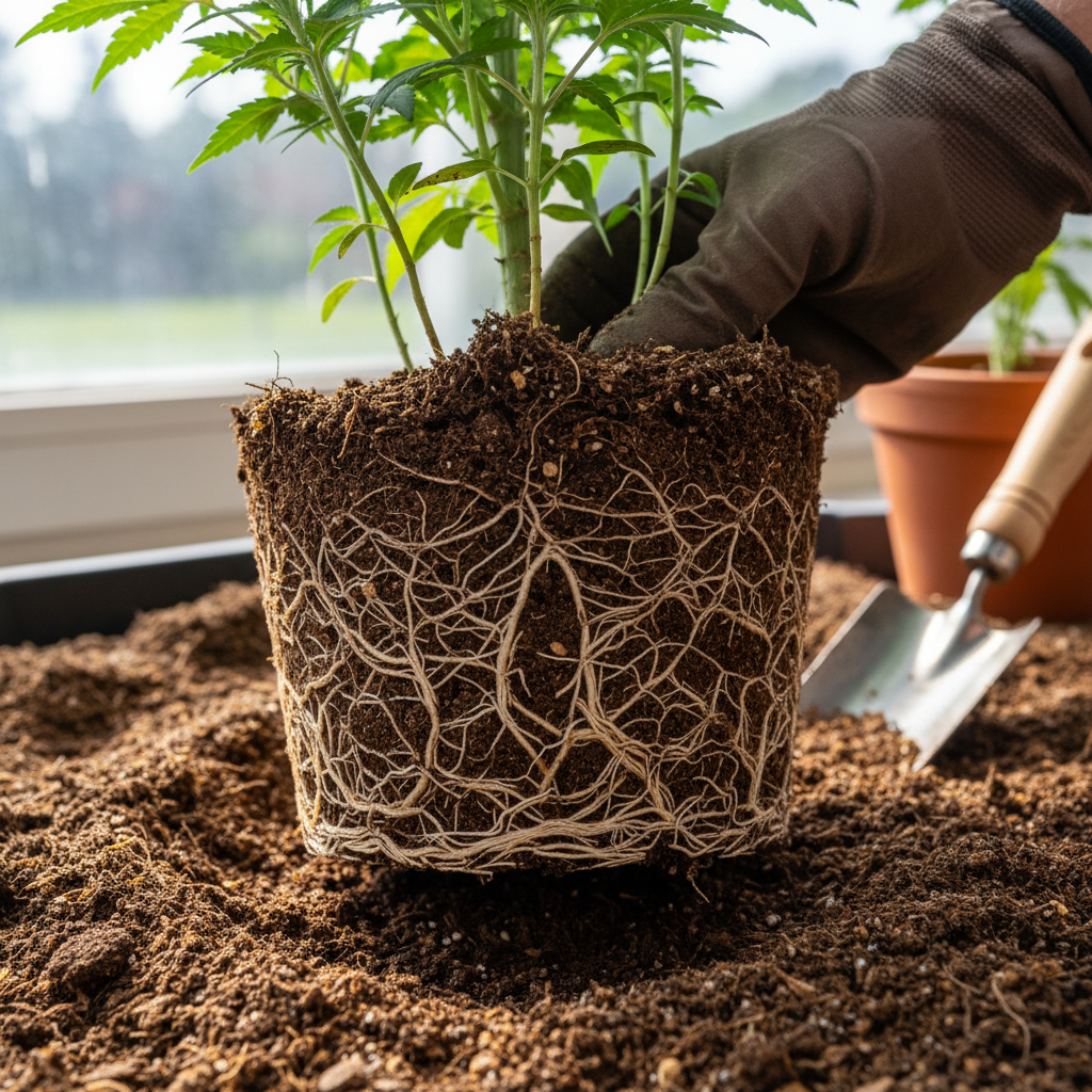 Deep, healthy roots are the foundation of any drought-tolerant landscape. A close-up of a strong plant root system and healthy soil structure.