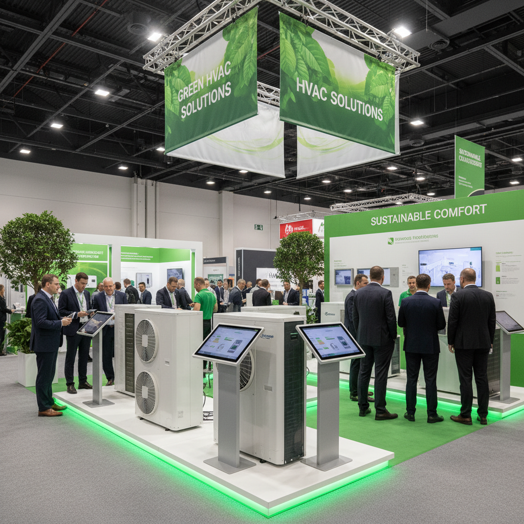 Sustainability zones at trade shows highlight the latest in energy efficient heat pump technology for 2027. Green themed sustainability zone featuring modern heat pump technology displays at an industrial trade show
