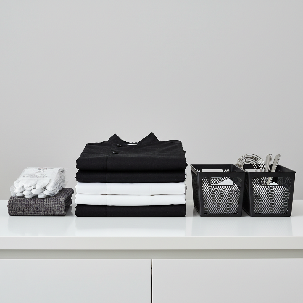 Safety apparel like gloves and clean aprons create a critical barrier between staff and ingredients. Professional chef aprons, protective gloves, and kitchen towels neatly folded and arranged for use.