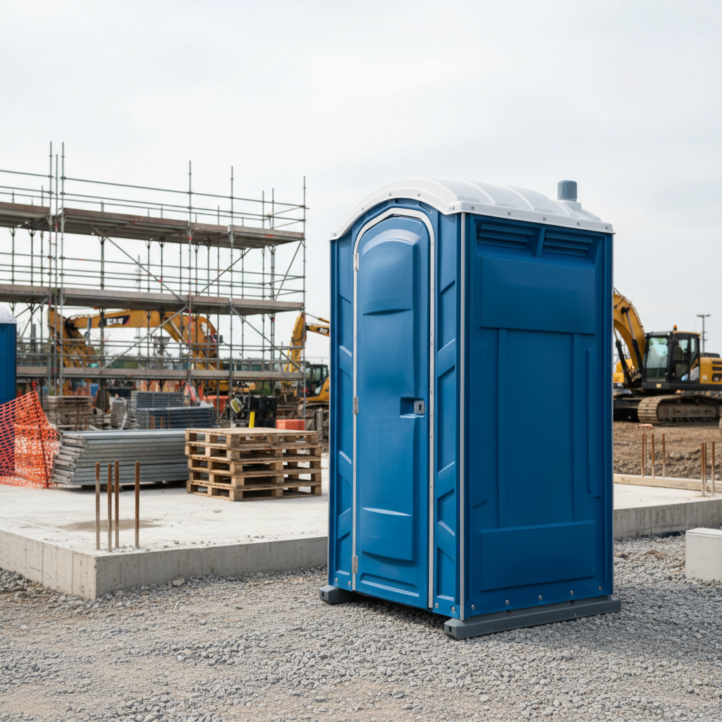 Positioning units close to the work area helps maintain site productivity and worker safety. A standard portable toilet positioned at an active construction site with scaffolding in the background.