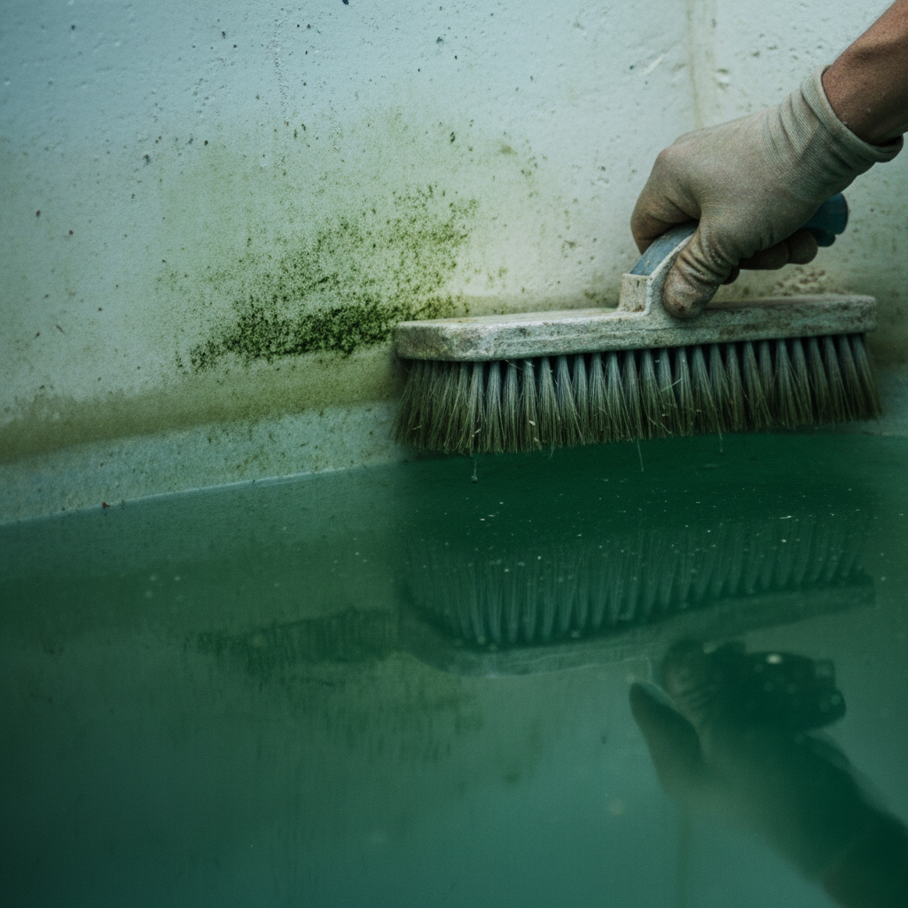 Sustained heat can lead to rapid algae blooms if chemical levels drop even slightly for a few hours. A close up of a pool brush cleaning early algae growth off the side of a plaster pool wall.