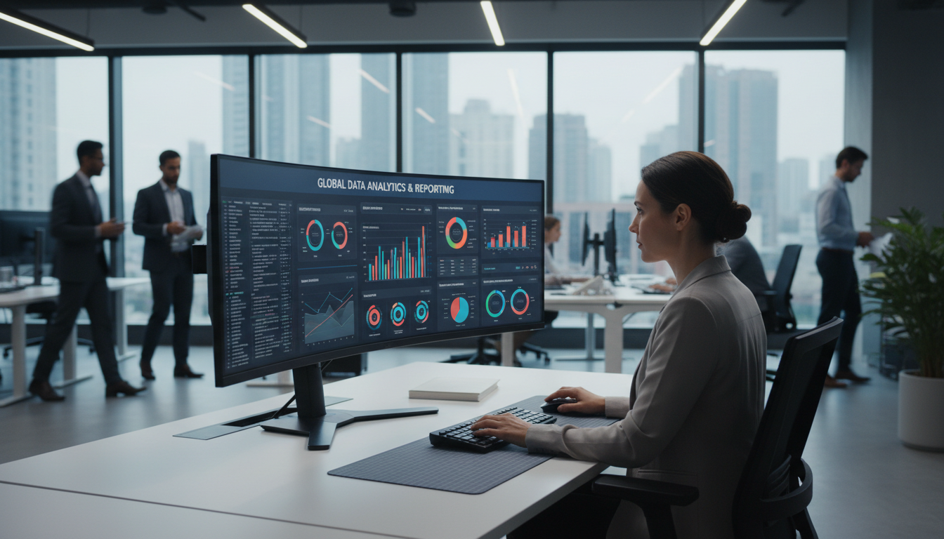 ERP systems provide a holistic view of your business operations, from inventory to financial health. Business professional working on an ERP computer dashboard with data analytics and financial reporting interfaces.