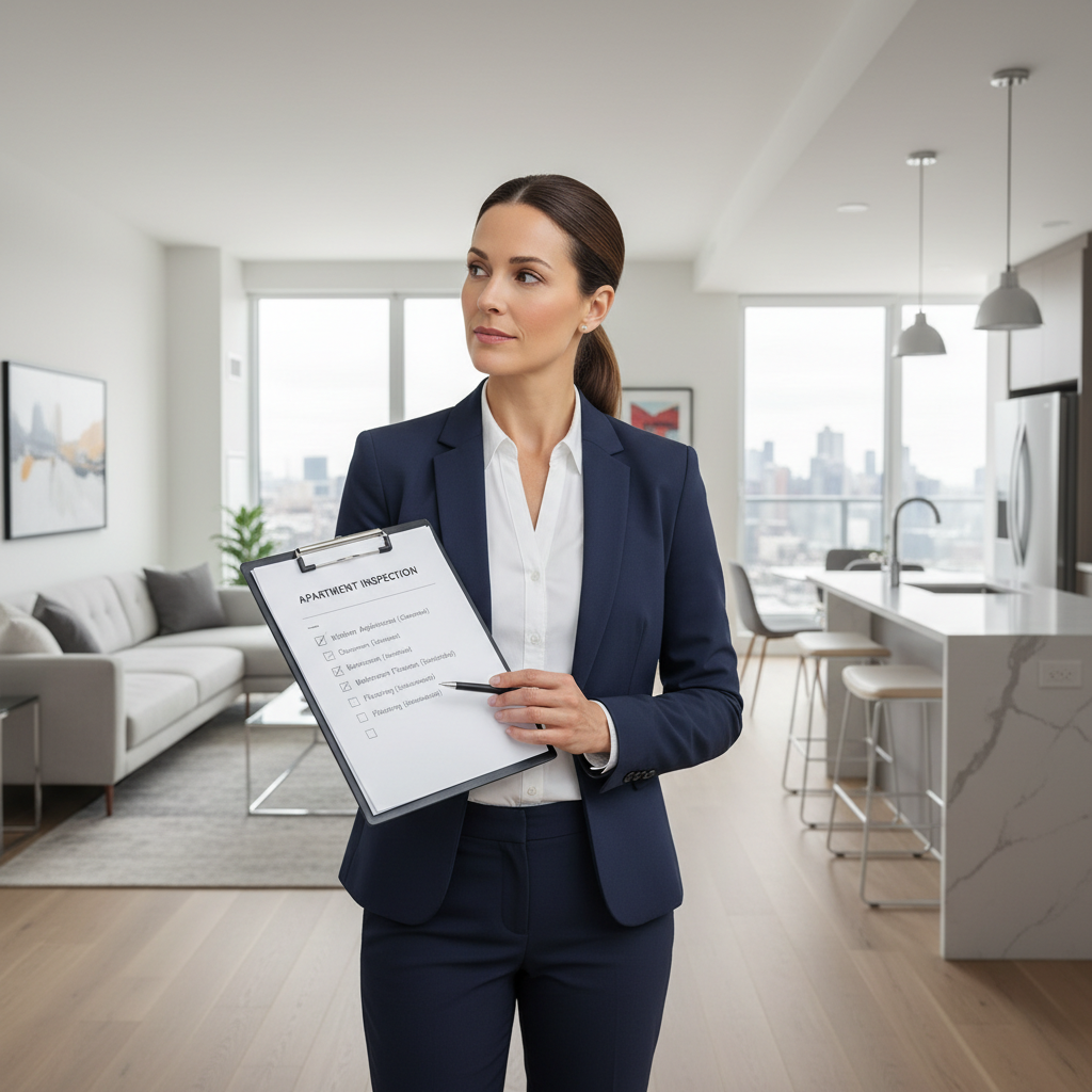 A final professional cleaning ensures the property is ready for immediate occupancy or showing. A property manager with a clipboard inspecting a clean modern apartment before a tenant move-in.