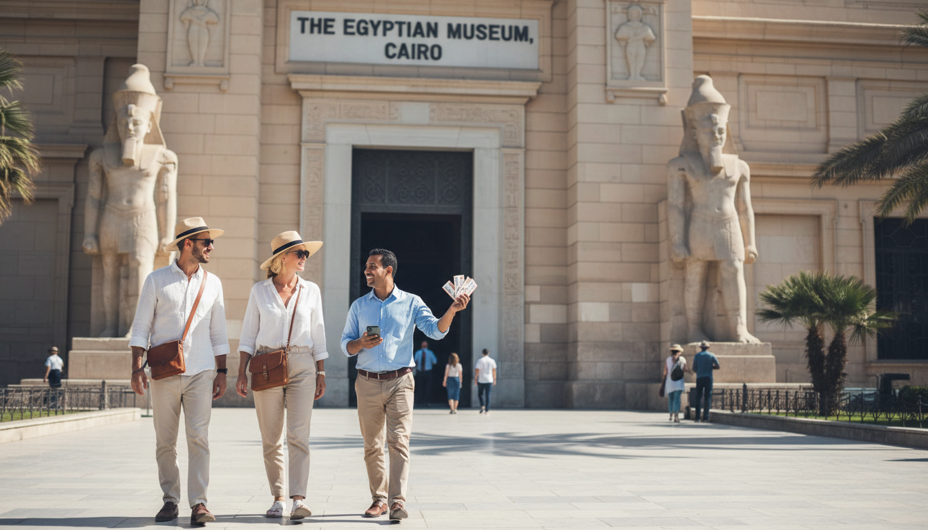 Efficiency is key: Pre-booked tickets allow you to spend more time exploring and less time waiting. Travelers entering the Egyptian Museum with a guide holding pre-arranged tickets to skip the lines.