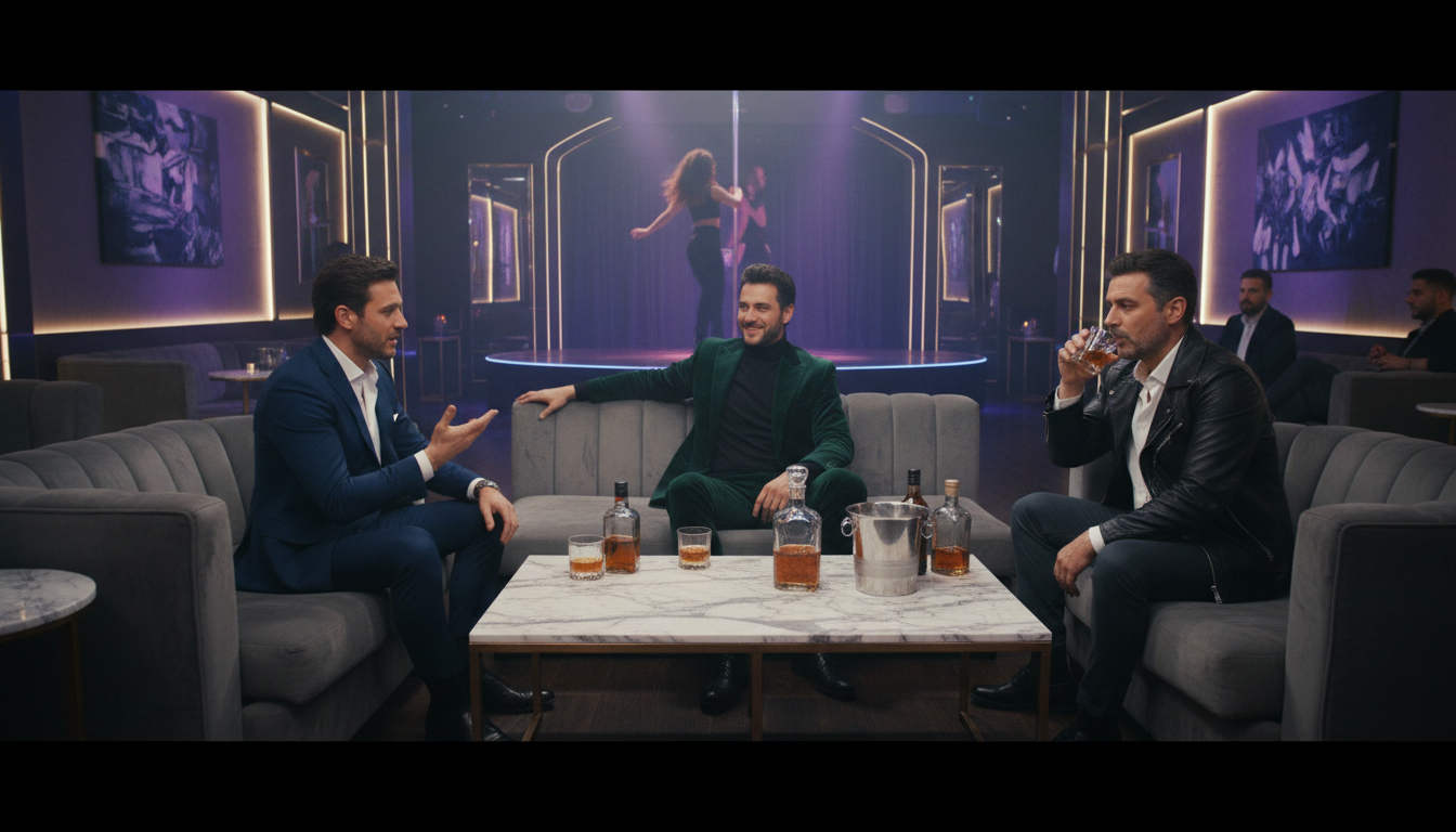 Il lusso moderno si fonde con il divertimento per un'esperienza indimenticabile. Gruppo di uomini italiani eleganti seduti su divani in un club moderno con drink.