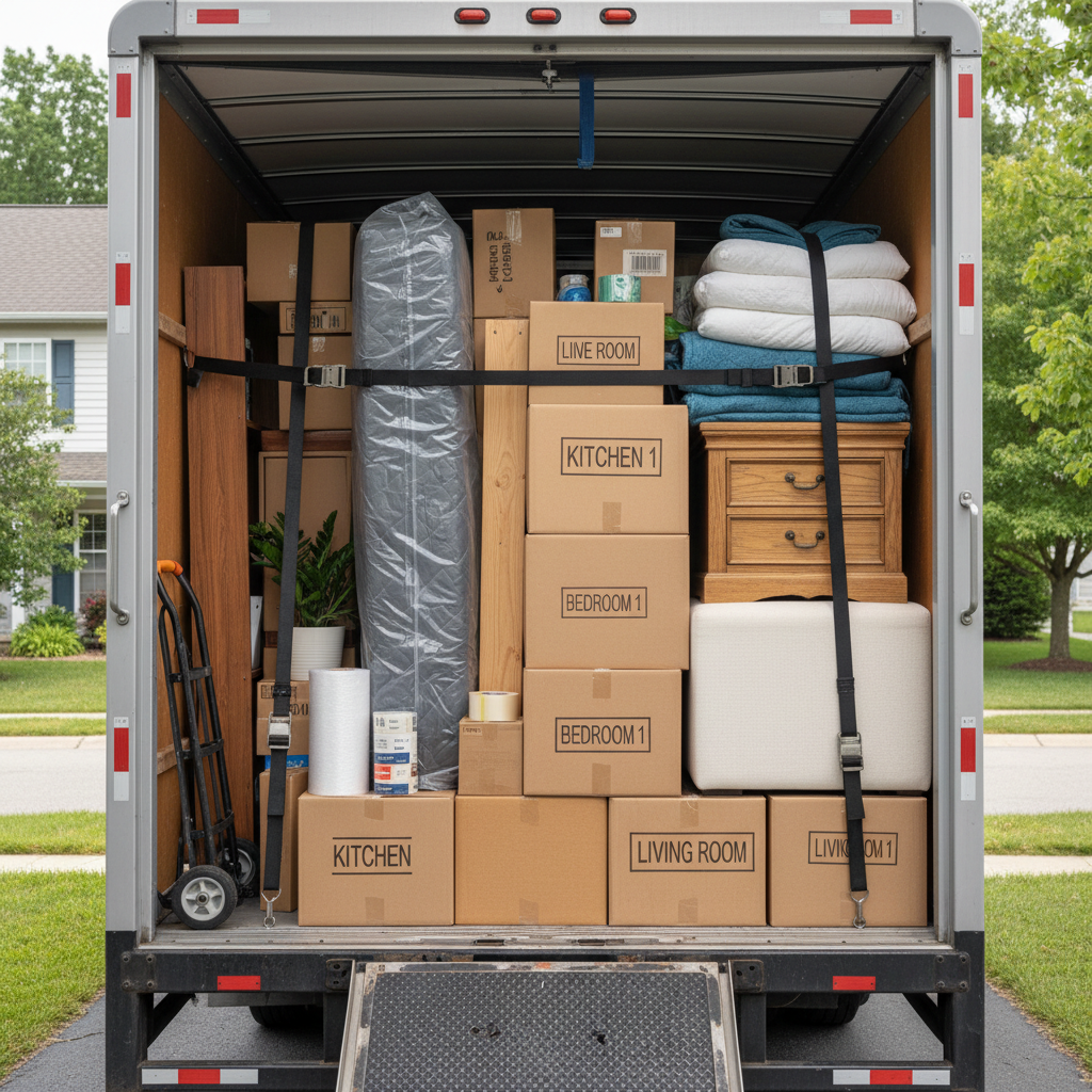 A well-loaded truck and an early start time help beat GTA traffic on moving day. Residential moving truck efficiently packed with organized boxes and wrapped furniture ready for GTA transport