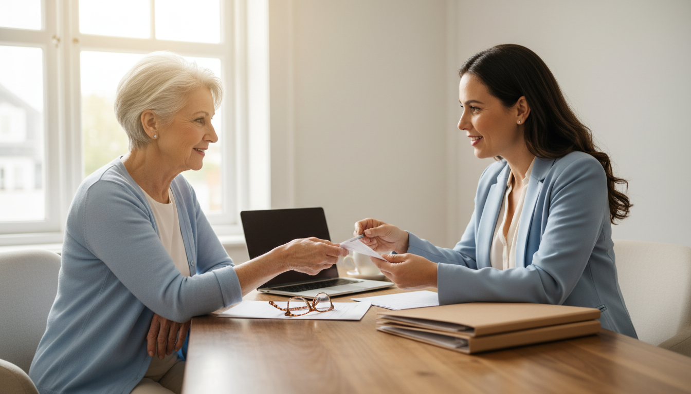 Local Erie agents can help you apply for programs like PACE and PACENET. A senior woman consulting with a friendly insurance agent in a bright, professional office setting.