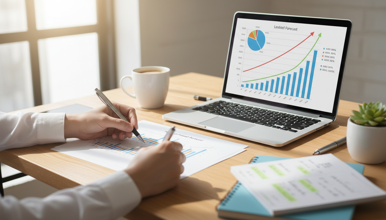 Increasing your margin requires a blend of disciplined cost management and strategic pricing updates. Overhead shot of a hand writing notes on a financial forecast document next to an open laptop showing data charts.