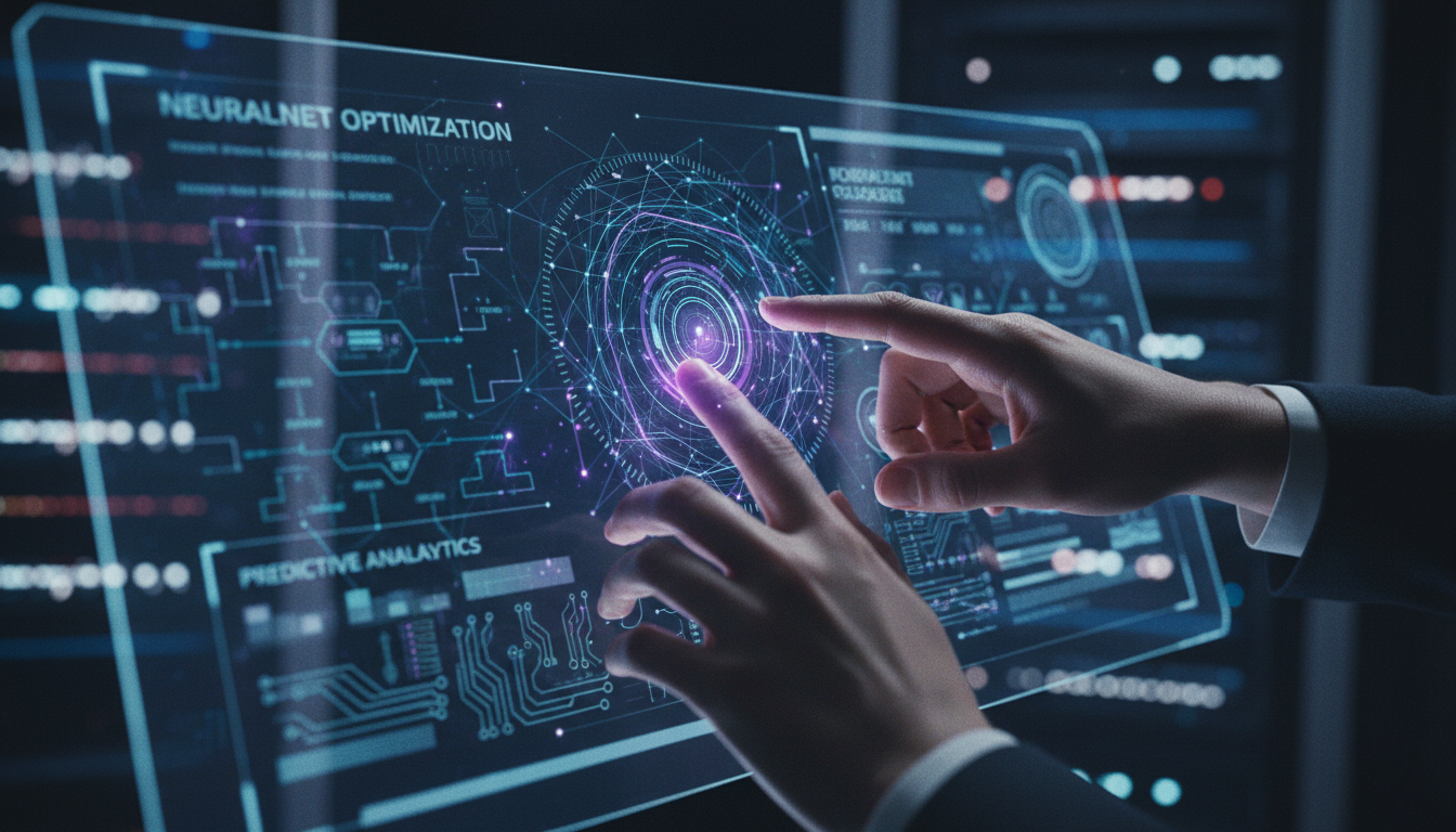 L'IA et l'automatisation transforment les processus complexes en workflows fluides et efficaces. Mains interagissant avec une interface d'intelligence artificielle sur une tablette affichant des flux de données