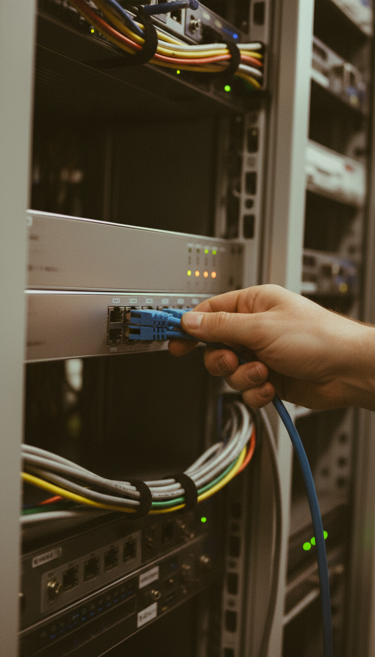 Physical connections mirror the digital integration required to bridge private data with AI agents. Close up of a hand connecting two network cables in an industrial server room setting.