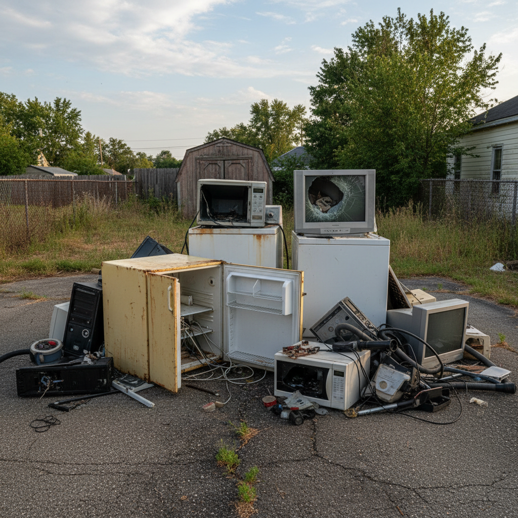 Appliances often carry specialized disposal surcharges due to environmental regulations. A pile of broken household appliances including a refrigerator and washing machine in a residential driveway.