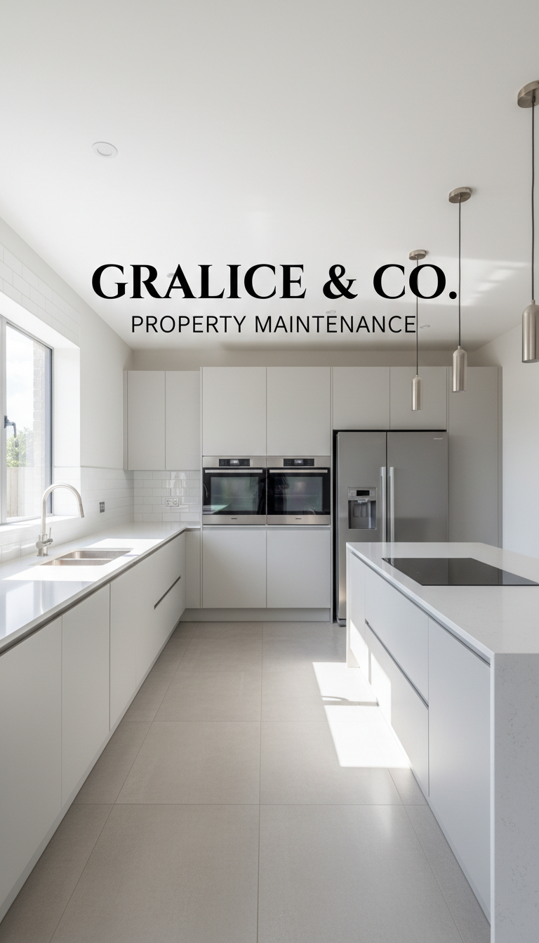 The final result of a coordinated maintenance project: a clean, updated, and ready-to-use kitchen. A pristine and professionally cleaned modern kitchen featuring gleaming surfaces and high-end finishes.