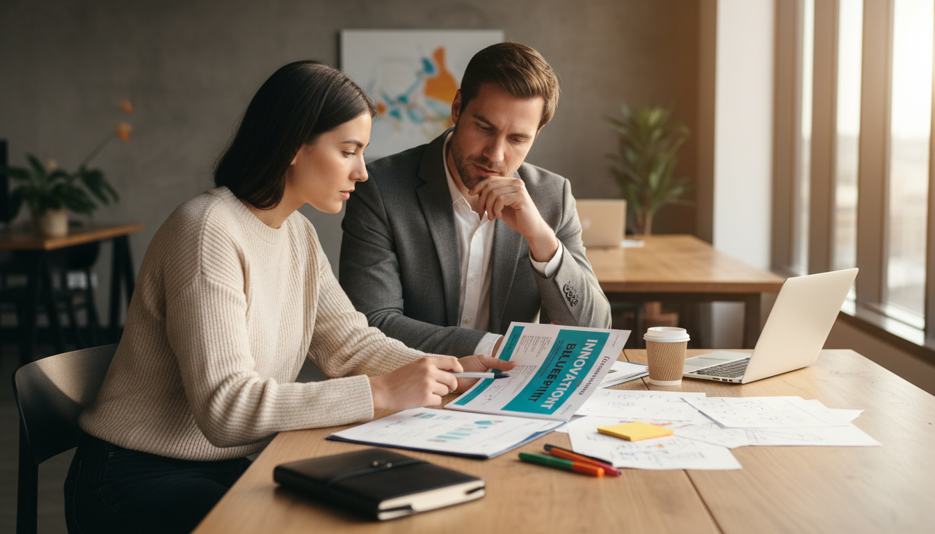 Strategic IP planning requires a close, transparent relationship between attorney and inventor. Consultation between a patent attorney and a client in a modern office environment reviewing a strategy document.