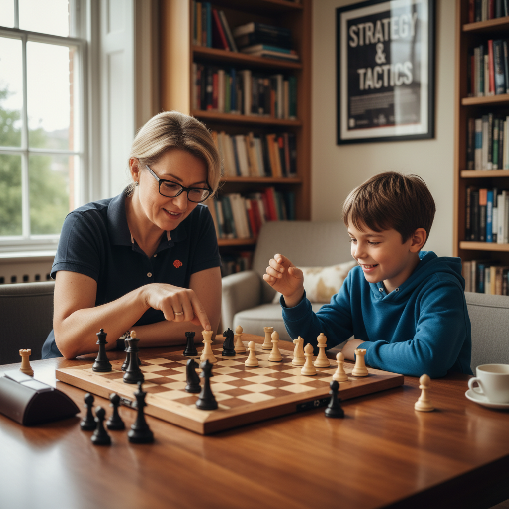 Professional analysis helps children see a lost game as a series of solvable puzzles. A chess coach reviewing a board with a young student and pointing at pieces for analysis.