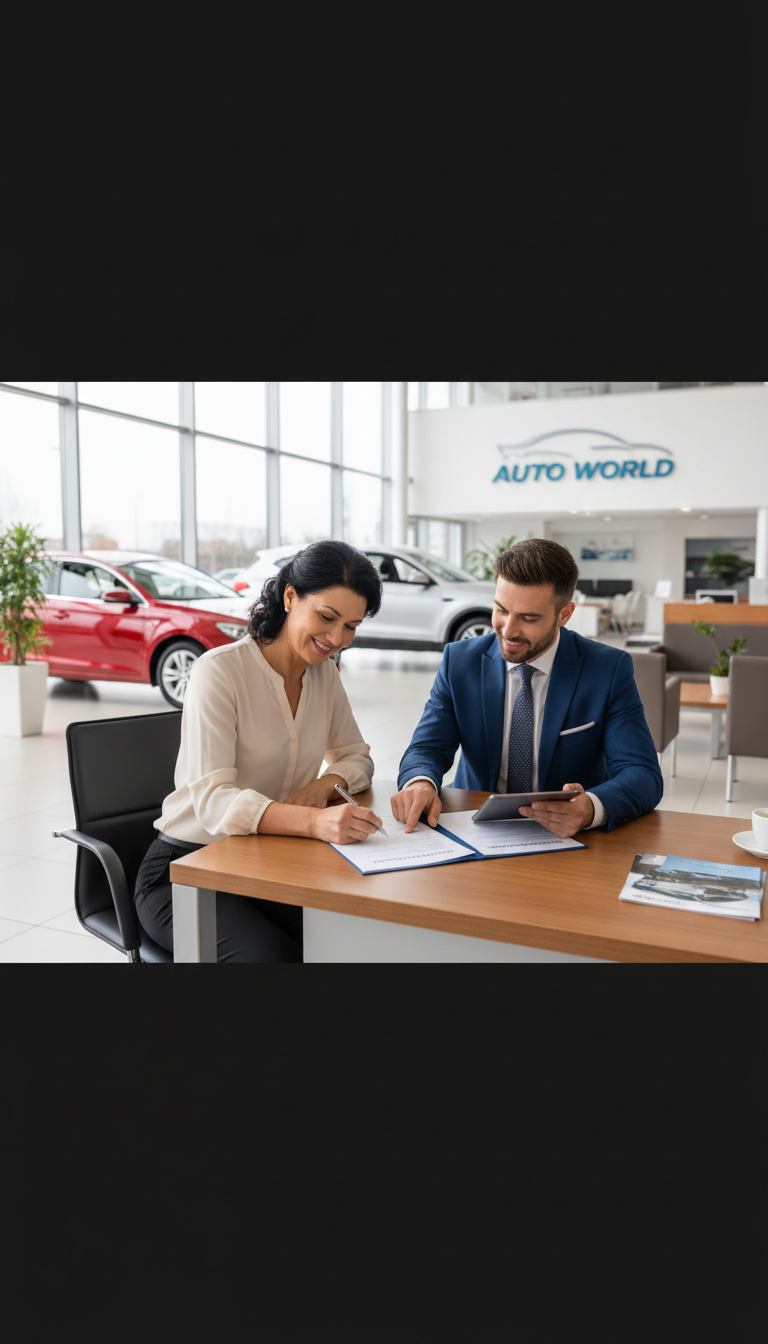 The final step: a stress free signing process where every number has been pre-verified. A customer signing car purchase paperwork at a dealership with a consultant present to ensure accuracy.