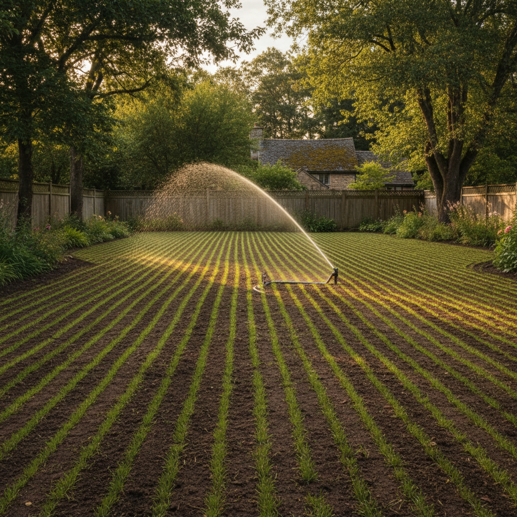 Consistent watering is the most critical step in the days following professional seeding. New grass sprouting in neat rows with a sprinkler providing moisture in the soft afternoon light.
