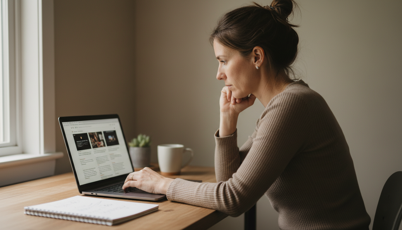 The planning phase is where your business goals are translated into a digital strategy. Small business owner in a home office reviewing a website layout on a laptop, showing the planning phase of a project.