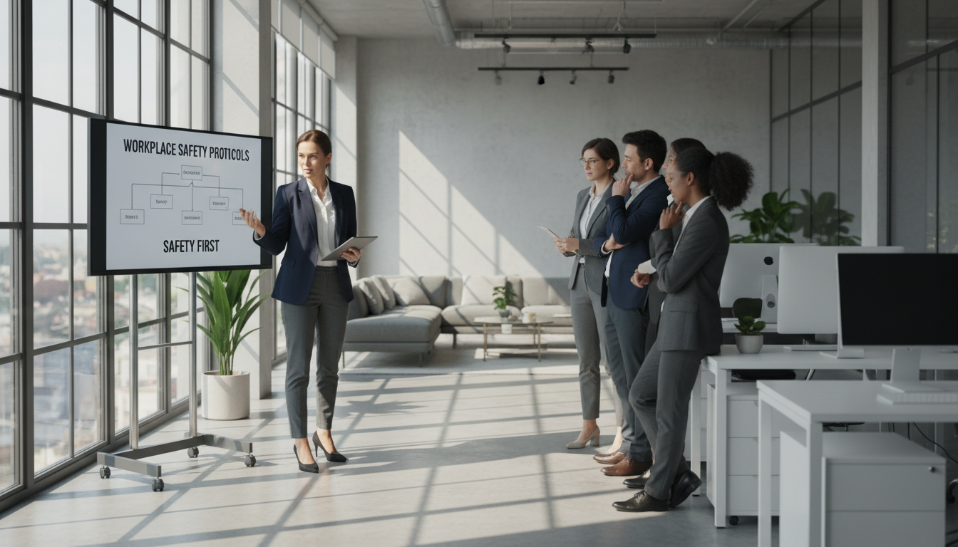 Every mandated respiratory program must have a qualified administrator to oversee operations. Professional safety consultant in a modern Melbourne office discussing program administrator training.