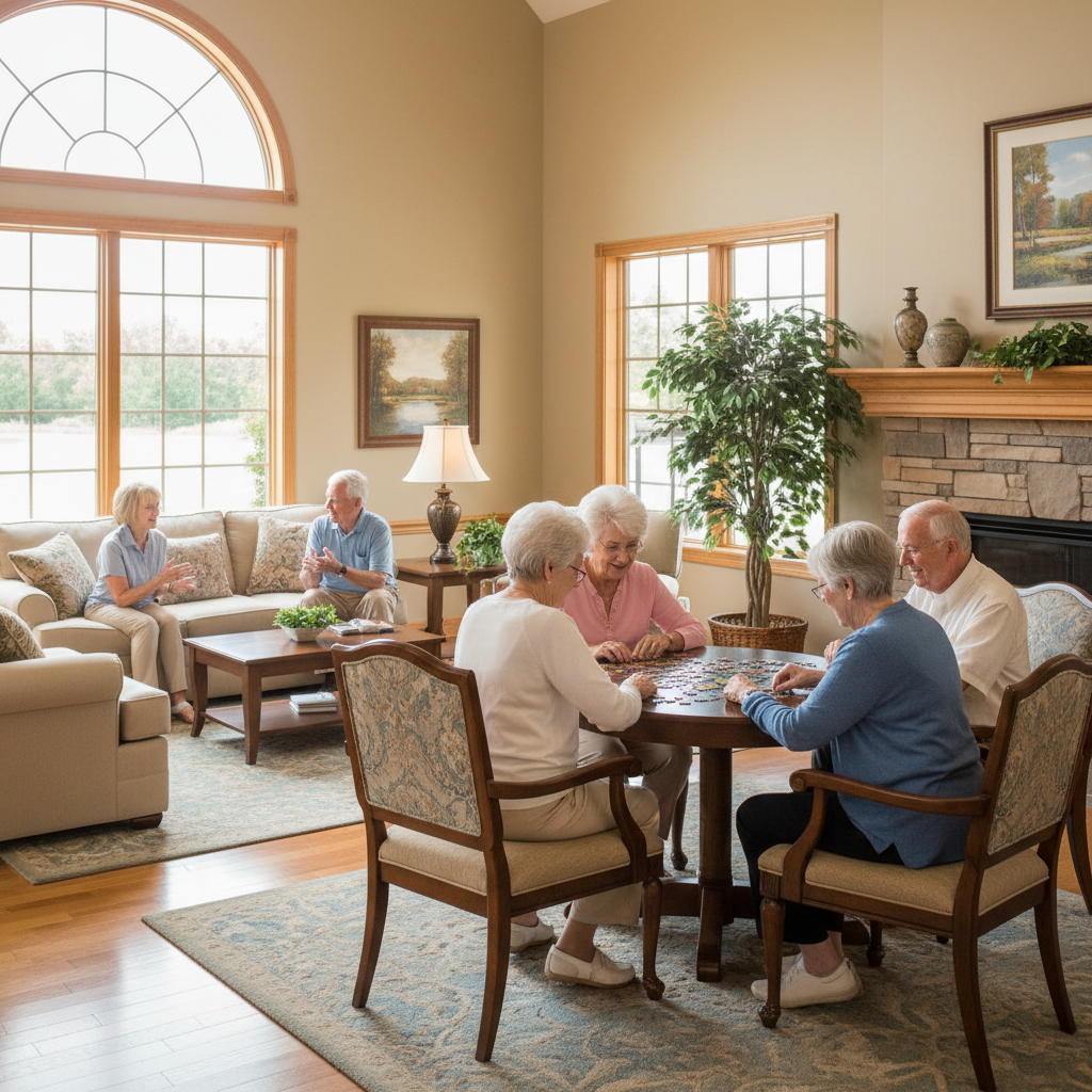 Finding a community that matches your loved one's social style is key to a happy transition. Residents in a bright, welcoming common area of an assisted living facility engaging in activities and conversation.