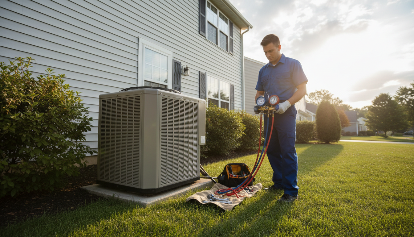 Professional maintenance catches low refrigerant levels that may have dropped during peak summer usage. A professional HVAC technician in uniform checking refrigerant pressure levels on an outdoor air conditioning unit.