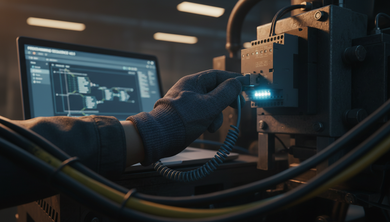 Integrating custom machinery programming with cloud tracking provides real-time operational insights. Close-up of a technician connecting a laptop to a PLC controller on an industrial machine for logic programming.