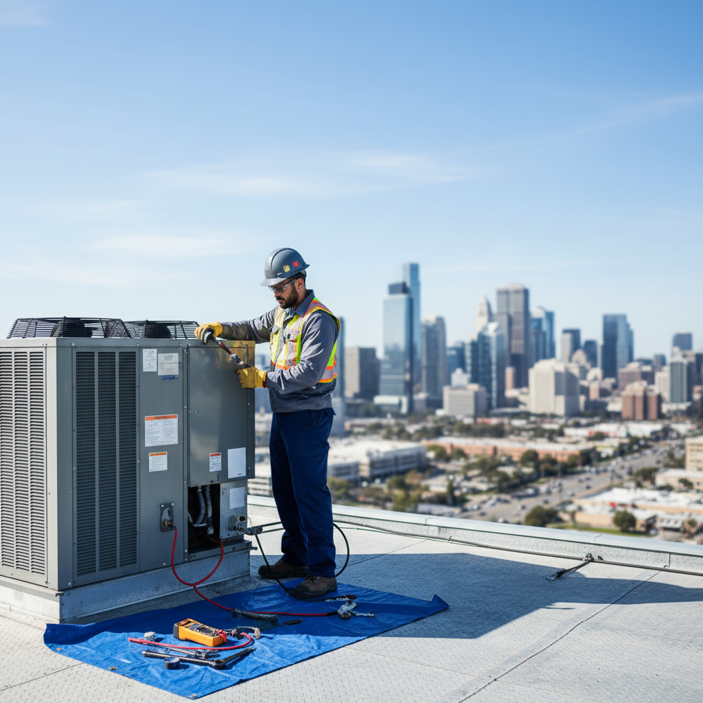 Commercial heating systems require specialized maintenance to handle the heavy demands of Utah winters. An HVAC technician servicing a large commercial rooftop unit with a clear sky background.