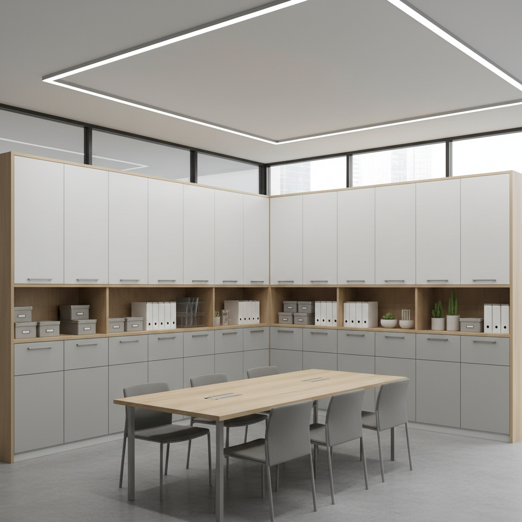 Professional installation ensures a clean, finished look with zero gaps and immediate usability. Clean, finished built-in cabinetry in a professional office environment showing precise alignment and organization.